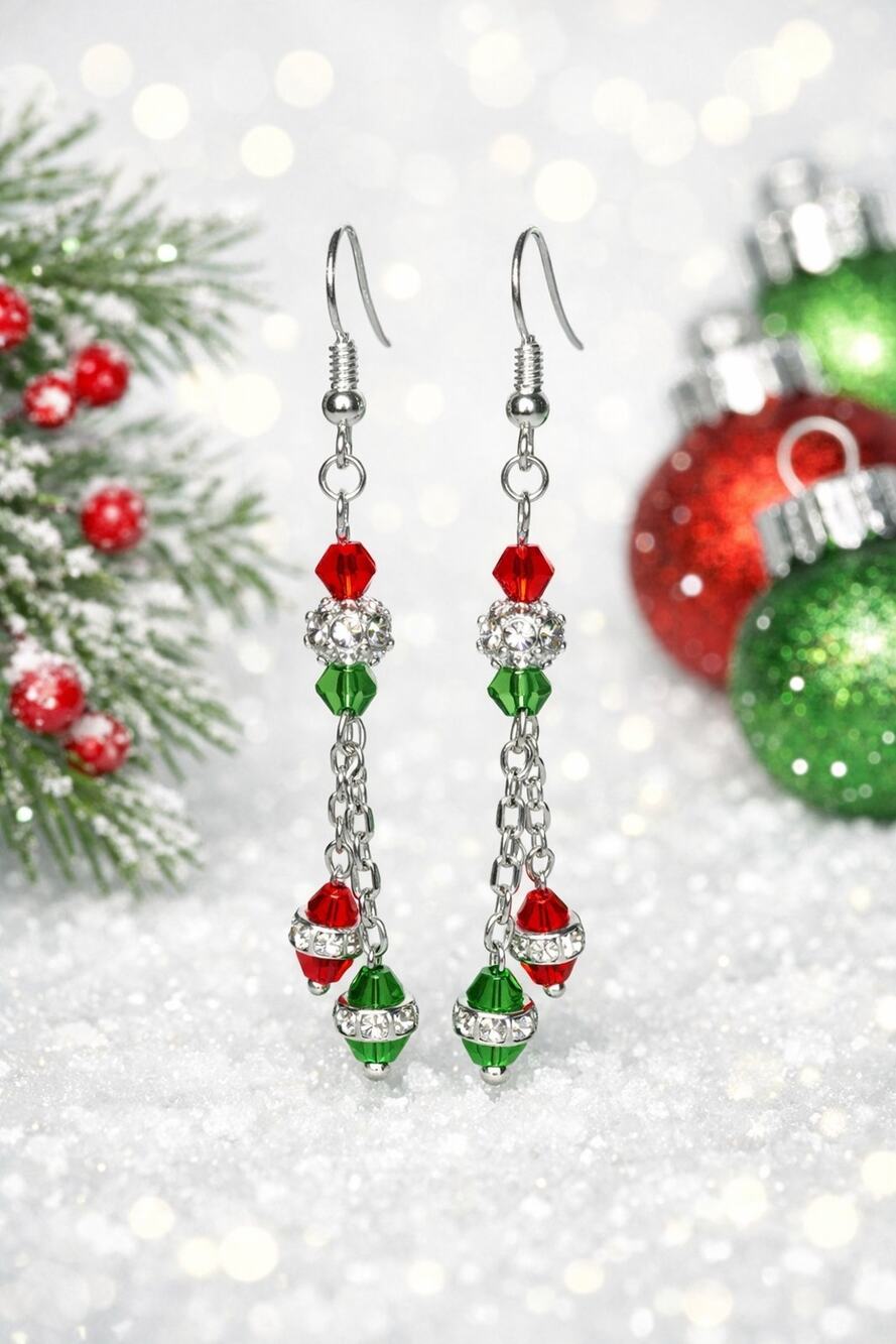 Handmade Bicone & Briolette Glass Chain Earrings: Holiday Festive #C10